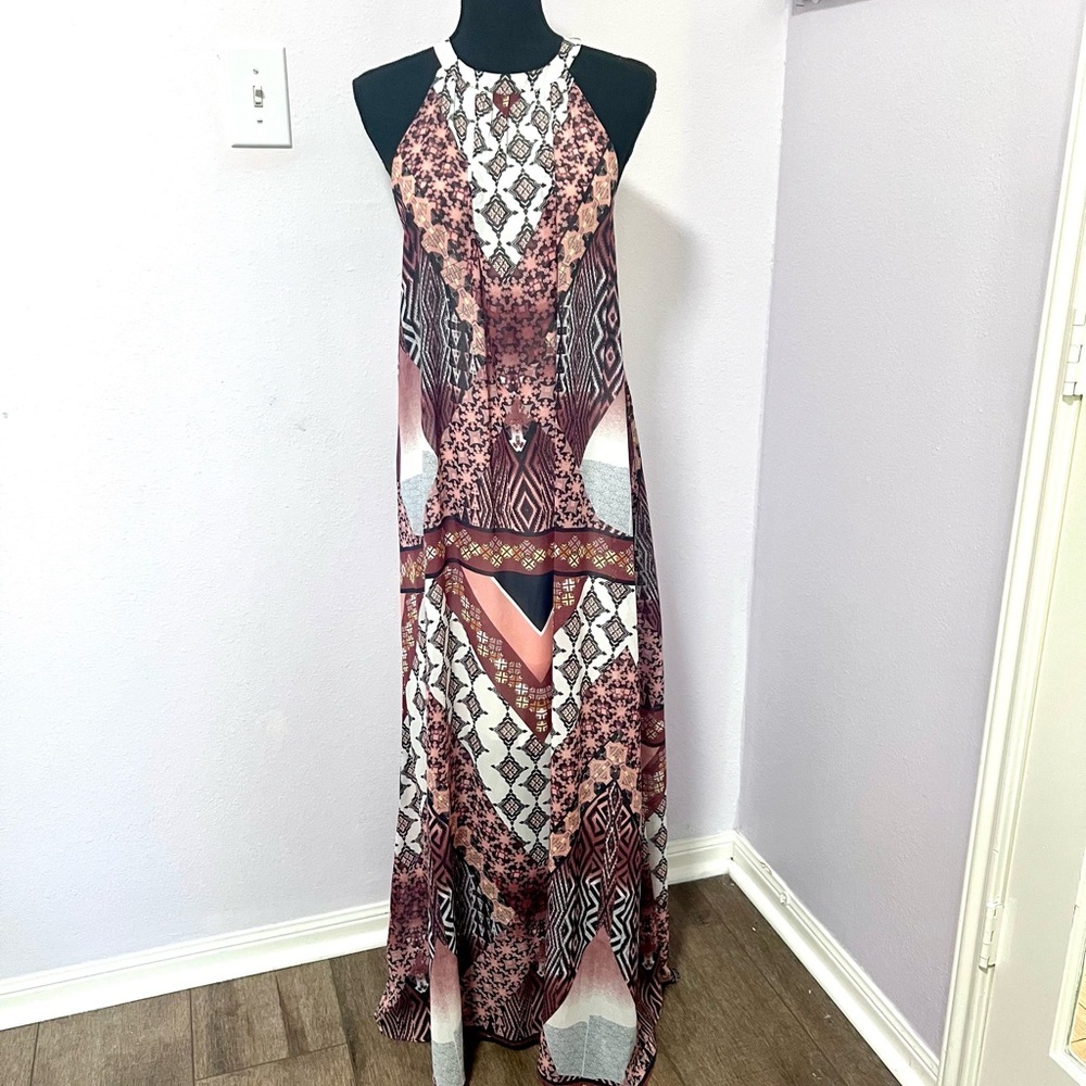 Bar III Red Orange/ brown bohemian Halter Sheath Maxi Dress large